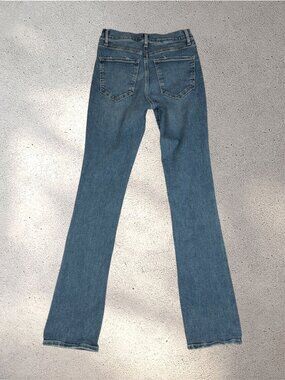 Express Skyscraper Mid Rise Jeans Women's 4R Dark Wash Flare Stretch Western Y2K